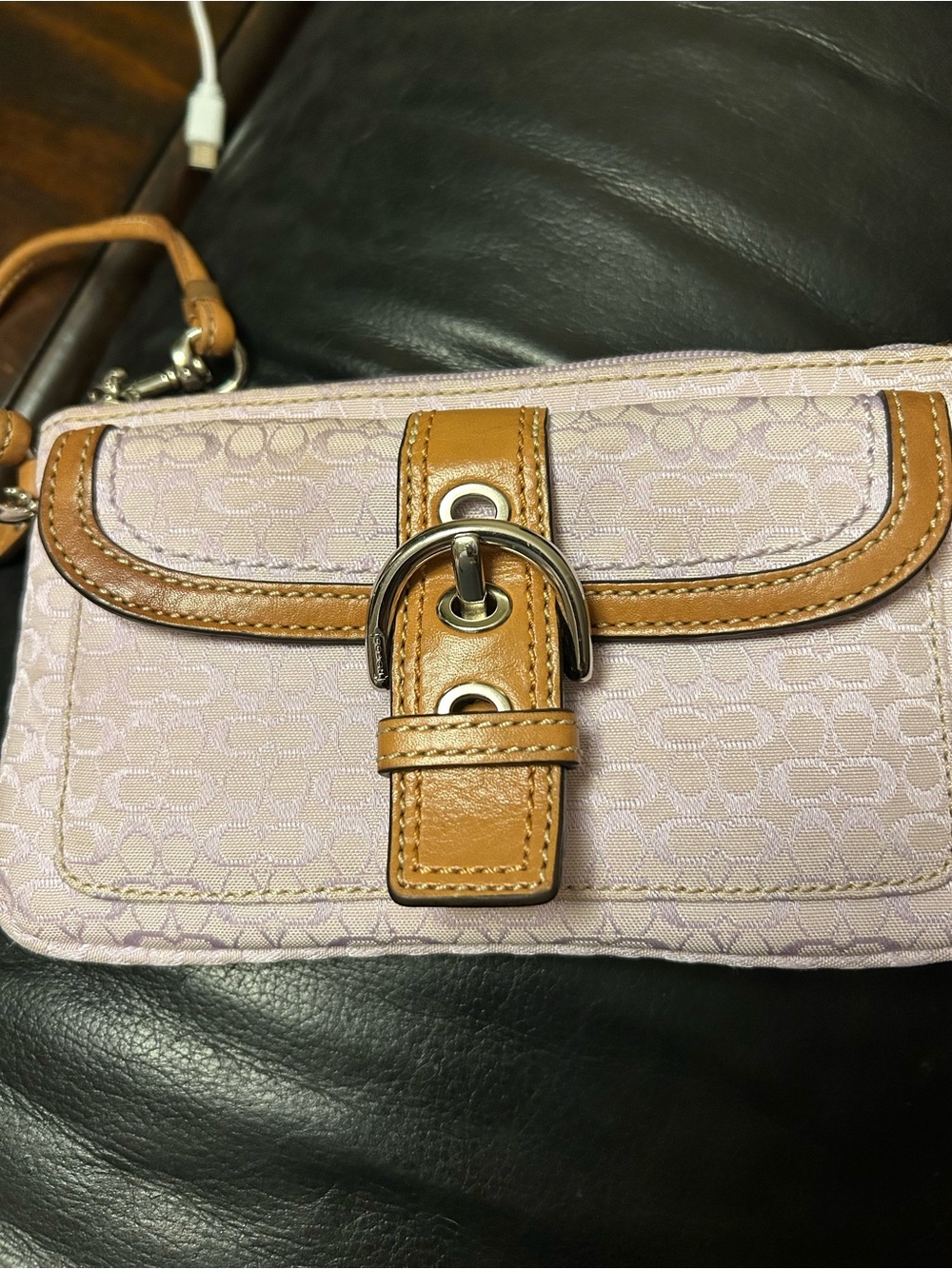 Coach Women's Pale Lavender Wristlet with Tan Leather Trim